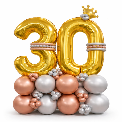 Signature 30th Birthday Large Golden Air Filled Balloon Bouquet Arrangement with Rose Gold & Silver Balloons