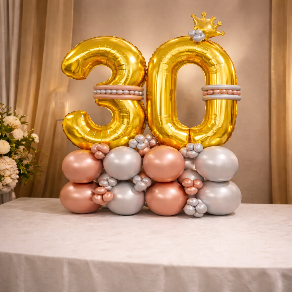 Signature 30th Birthday Large Golden Air Filled Balloon Bouquet Arrangement with Rose Gold & Silver Balloons