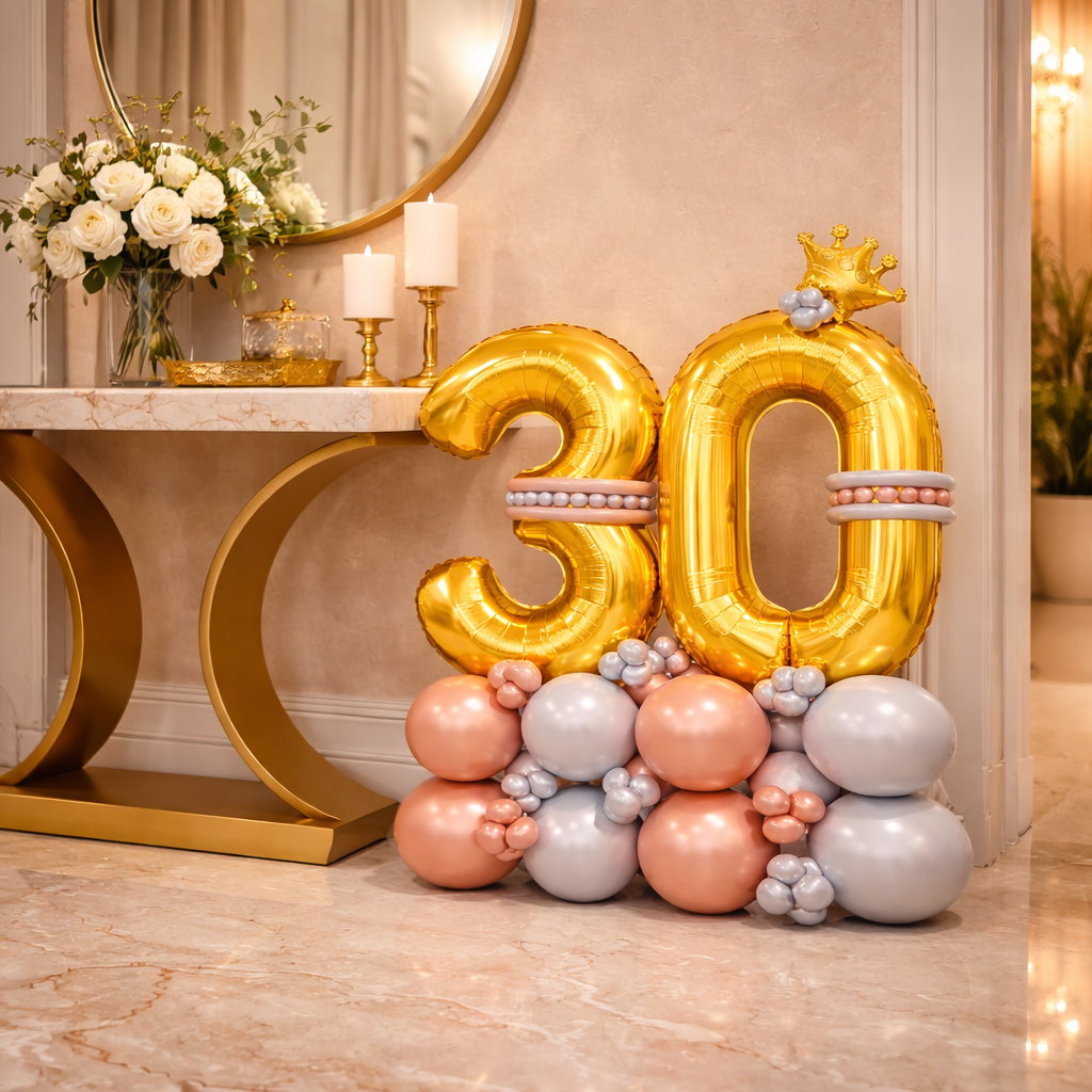 Signature 30th Birthday Large Golden Air Filled Balloon Bouquet Arrangement with Rose Gold & Silver Balloons