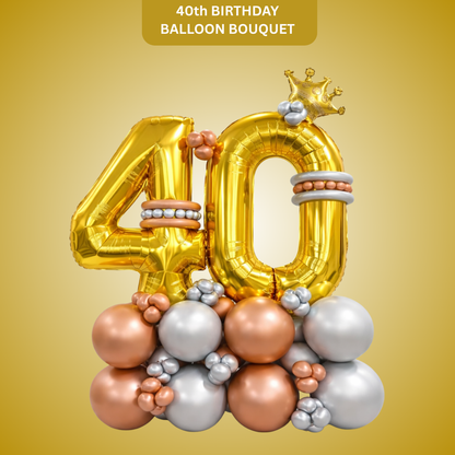 Signature 40th Birthday Large Golden Air Filled Balloon Bouquet Arrangement with Rose Gold & Silver Balloons
