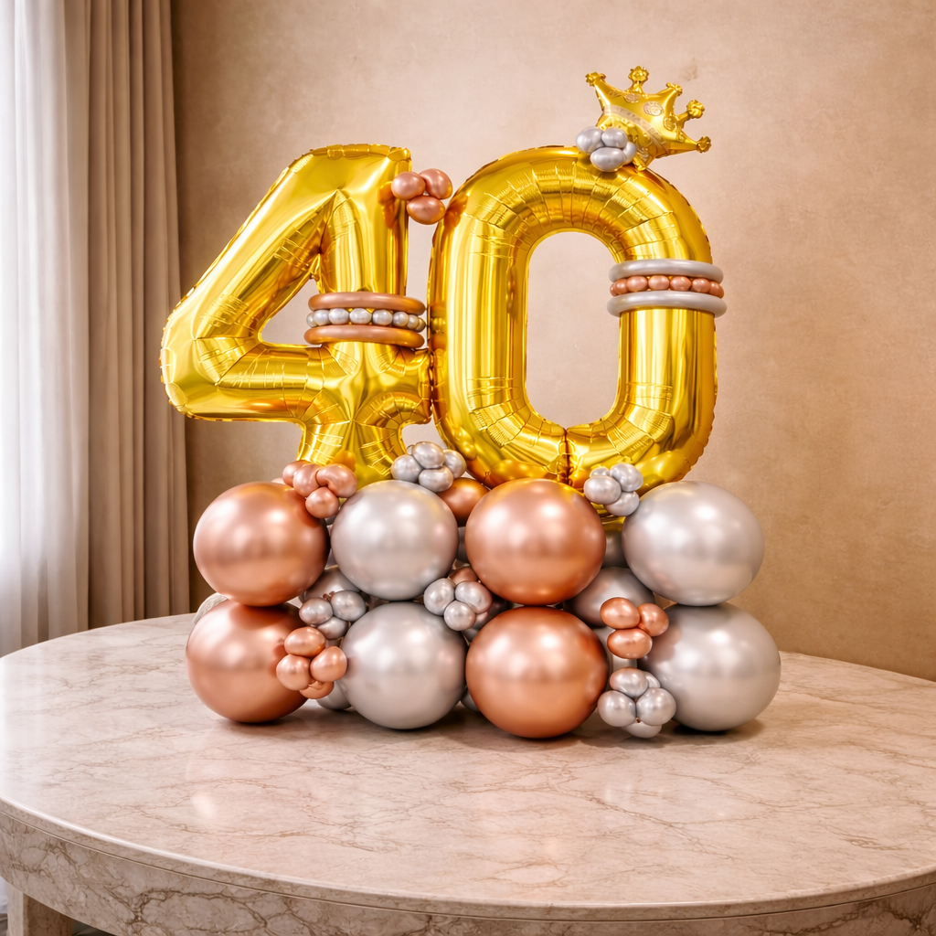 Signature 40th Birthday Large Golden Air Filled Balloon Bouquet Arrangement with Rose Gold & Silver Balloons