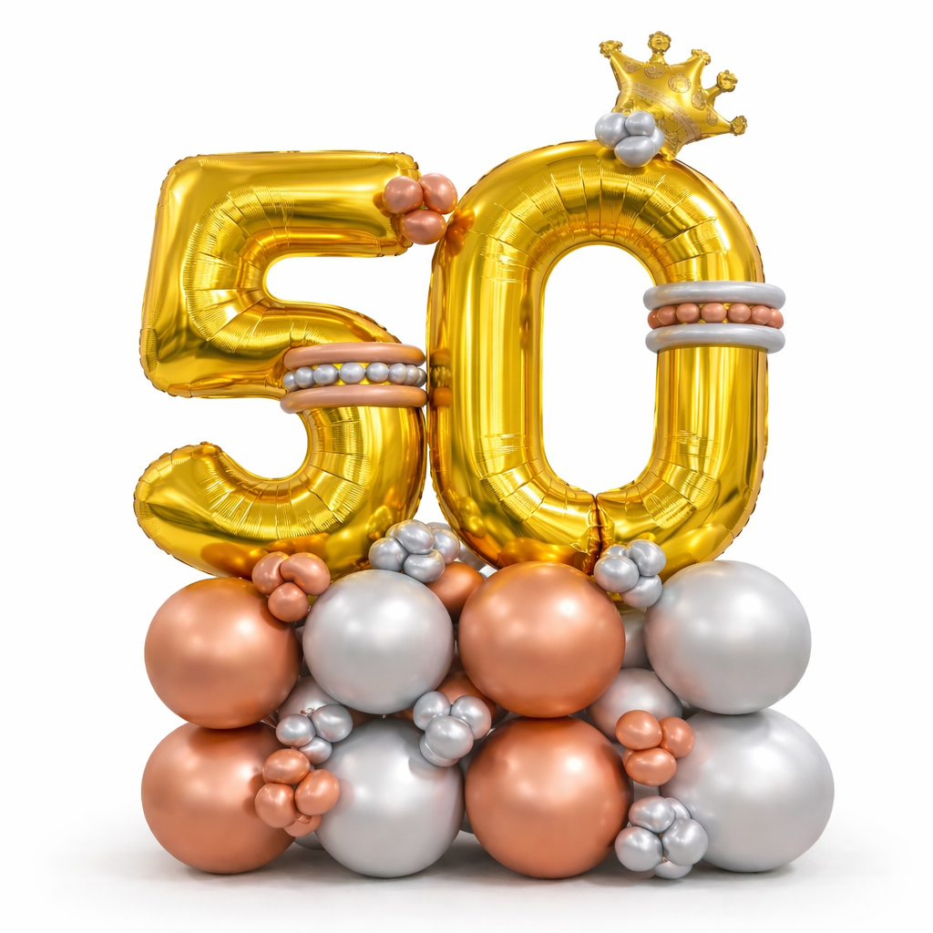 Signature 50th Birthday Large Golden Air Filled Balloon Bouquet Arrangement with Rose Gold & Silver Balloons