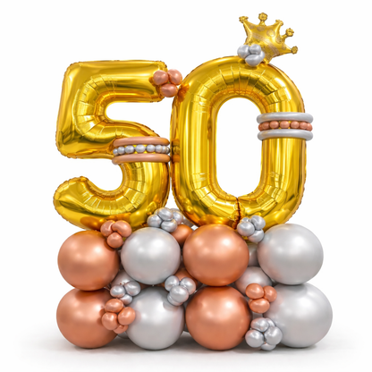 Signature 50th Birthday Large Golden Air Filled Balloon Bouquet Arrangement with Rose Gold & Silver Balloons