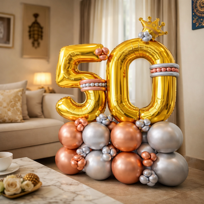 Signature 50th Birthday Large Golden Air Filled Balloon Bouquet Arrangement with Rose Gold & Silver Balloons