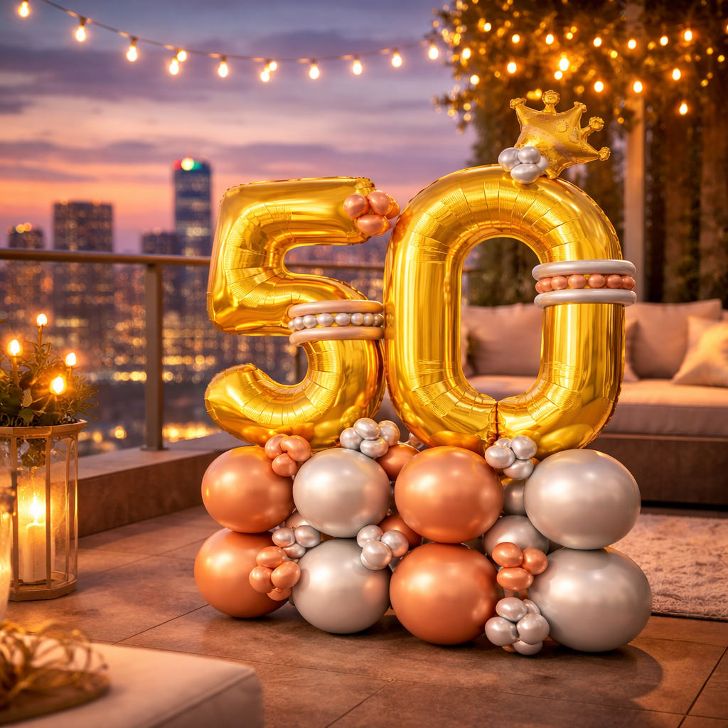 Signature 50th Birthday Large Golden Air Filled Balloon Bouquet Arrangement with Rose Gold & Silver Balloons