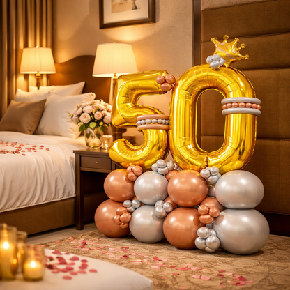 Signature 50th Birthday Large Golden Air Filled Balloon Bouquet Arrangement with Rose Gold & Silver Balloons