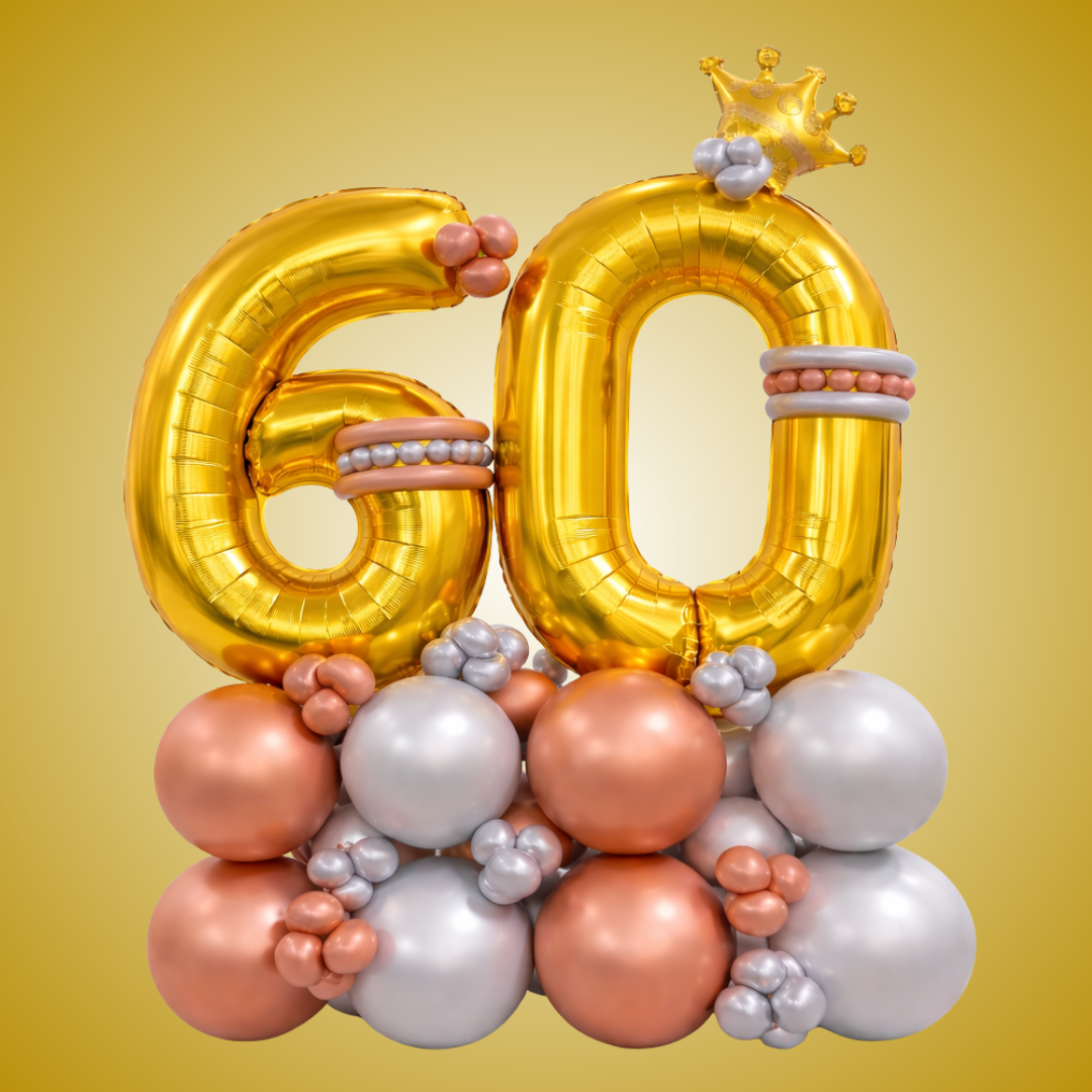 Signature Number 60 Large Golden Balloon Bouquet Arrangement with Small Crown & Silver, Rosegold Latex Balloons