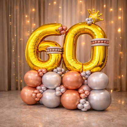 Signature Number 60 Large Golden Balloon Bouquet Arrangement with Small Crown & Silver, Rosegold Latex Balloons