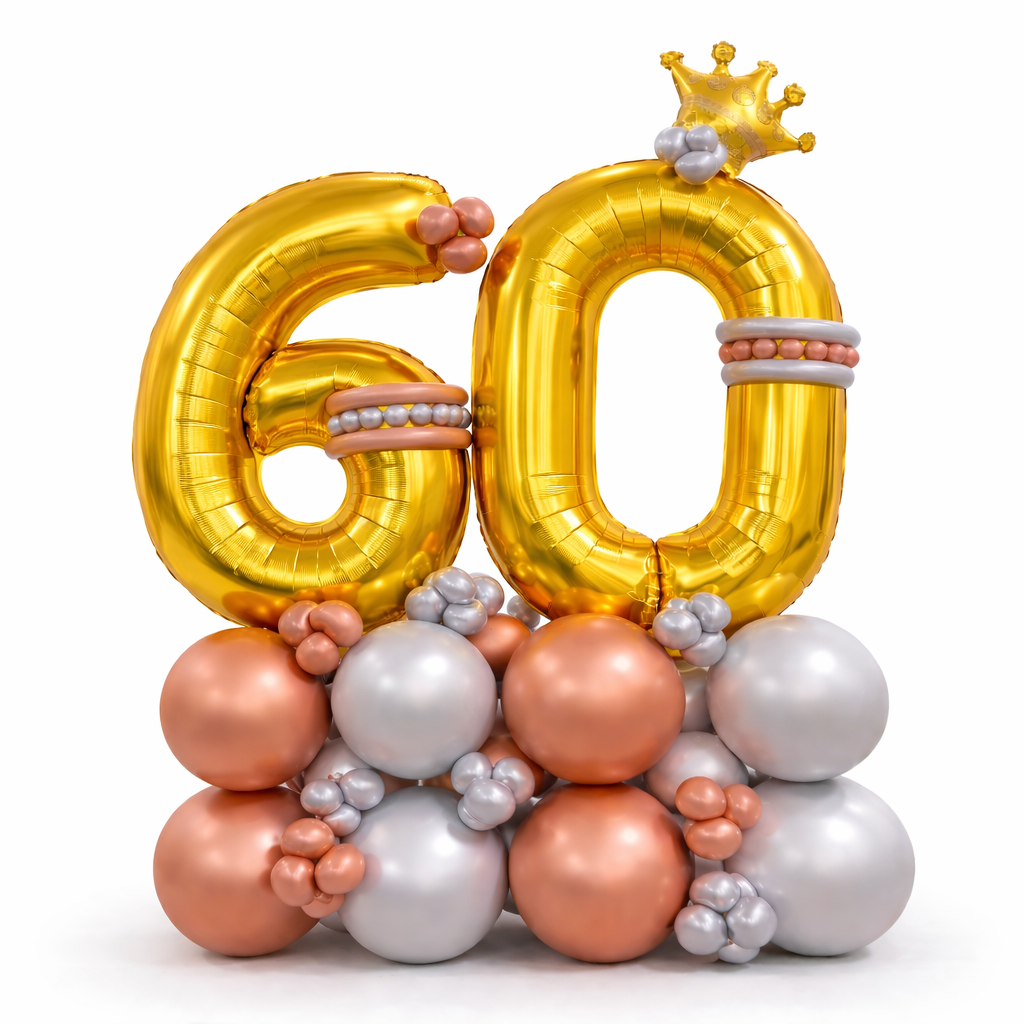 Signature Number 60 Large Golden Balloon Bouquet Arrangement with Small Crown & Silver, Rosegold Latex Balloons