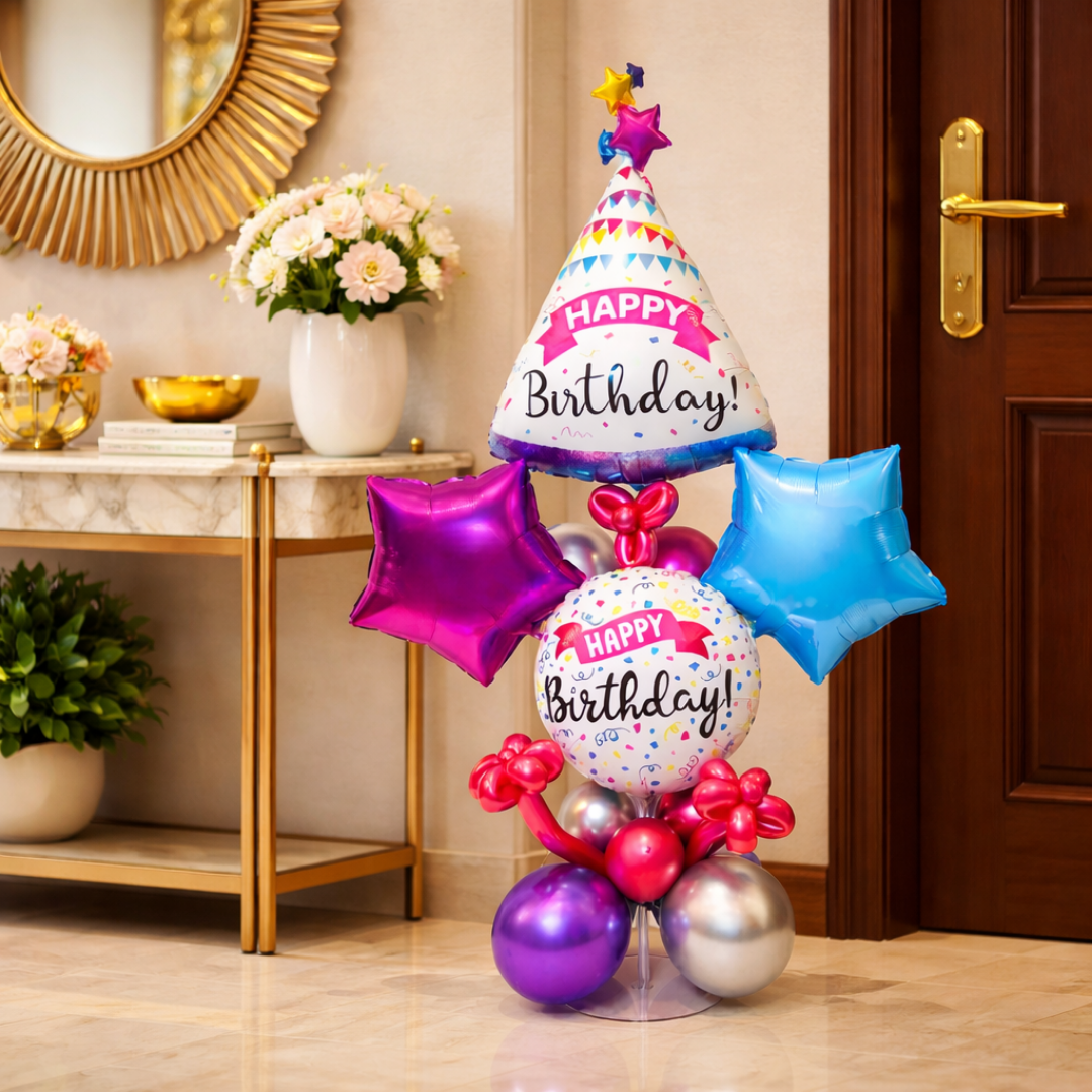 Premium Happy Birthday Balloon Bouqet on a Balloon Stand | Hat Shaped Balloon Bouqet with Pink and Blue Stars