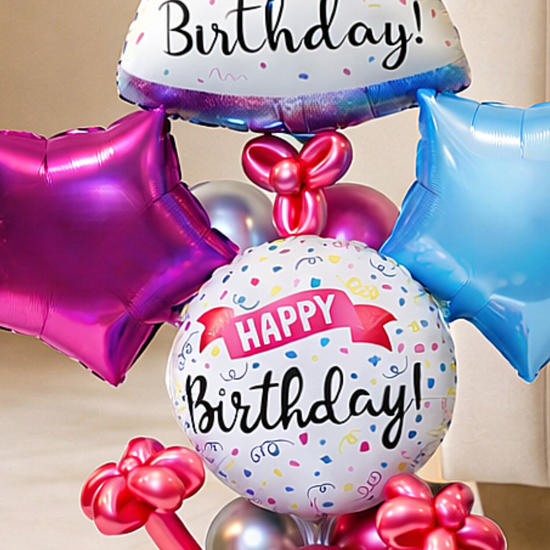 Premium Happy Birthday Balloon Bouqet on a Balloon Stand | Hat Shaped Balloon Bouqet with Pink and Blue Stars