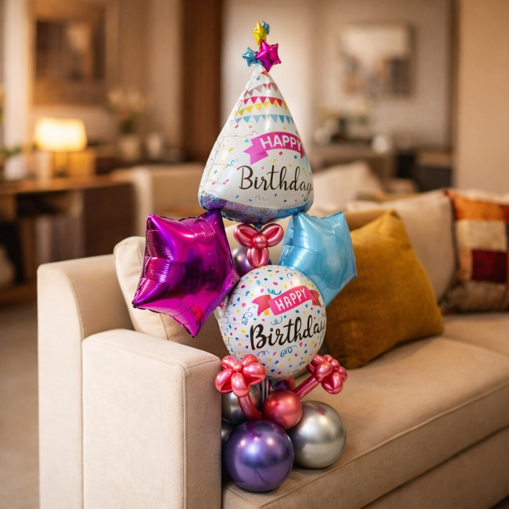 Premium Happy Birthday Balloon Bouqet on a Balloon Stand | Hat Shaped Balloon Bouqet with Pink and Blue Stars