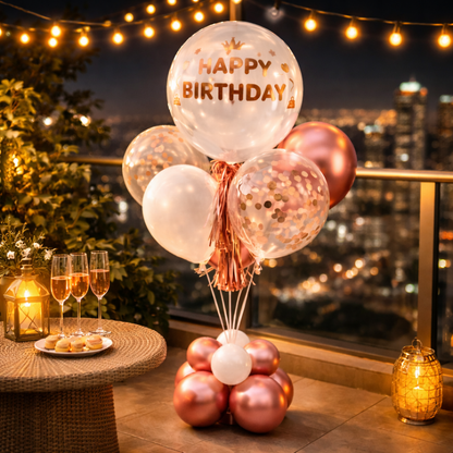 Luxurious Rose Gold BOBO Balloon with Rose Gold Confetti and Tassel | Air Filled Balloon Bouquet Arrangement on a Balloon Stand