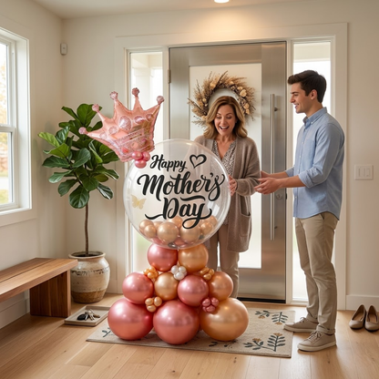 Fancy Mother's Day Air Filled Balloon Bouqet Arrangement with Rose Gold Crown