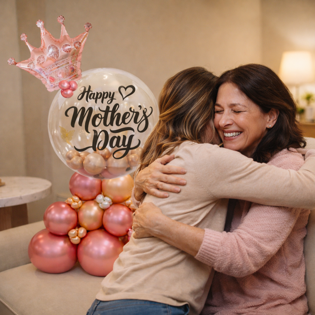Fancy Mother's Day Air Filled Balloon Bouqet Arrangement with Rose Gold Crown