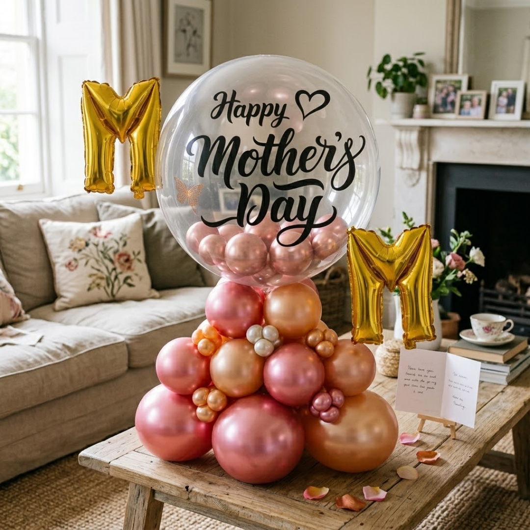 Stylish M-O-M Happy Mother's Day Air FIlled Balloon Bouquet Arrangement
