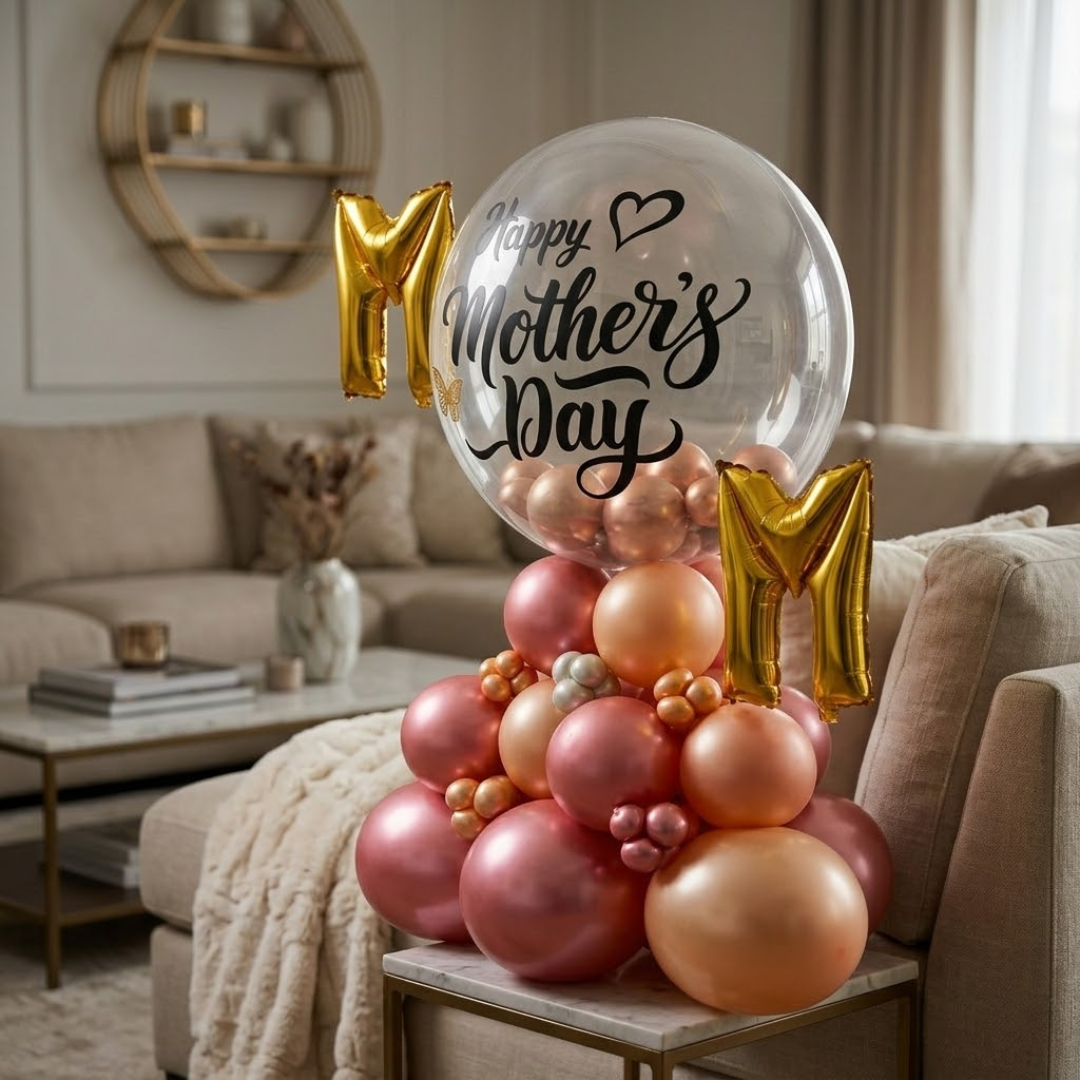 Stylish M-O-M Happy Mother's Day Air FIlled Balloon Bouquet Arrangement