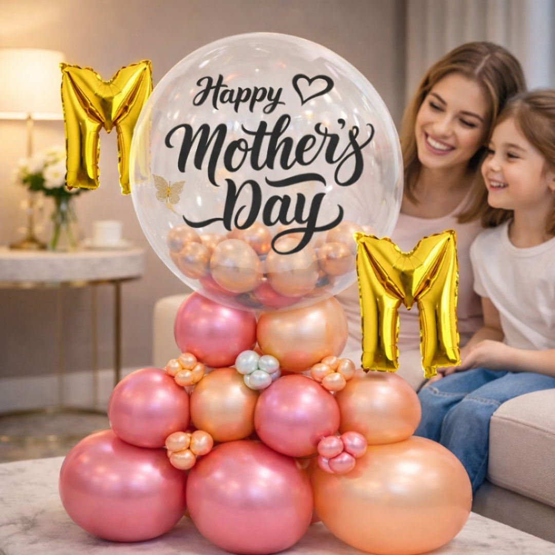 Stylish M-O-M Happy Mother's Day Air FIlled Balloon Bouquet Arrangement