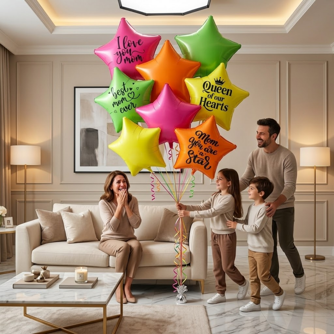 Mom You’re Special Printed Helium Filled Balloon Bouquet with UV Neon Star Balloons Set of 8