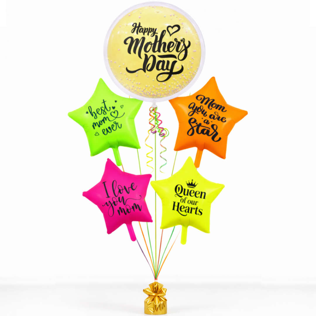 Happy Mother's Day Round Large Helium Fillled Ballon Bouquet Arrnagement with special messages printed on UV/Neon Star Ballloons