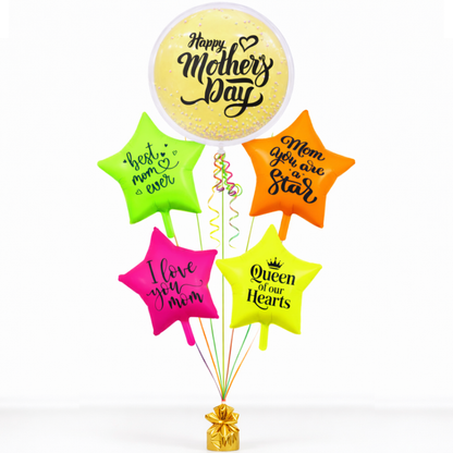 Happy Mother's Day Round Large Helium Fillled Ballon Bouquet Arrnagement with special messages printed on UV/Neon Star Ballloons