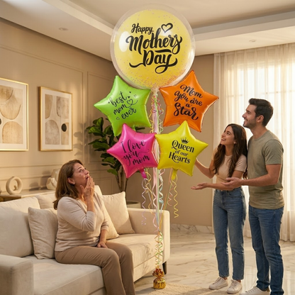 Happy Mother's Day Round Large Helium Fillled Ballon Bouquet Arrnagement with special messages printed on UV/Neon Star Ballloons