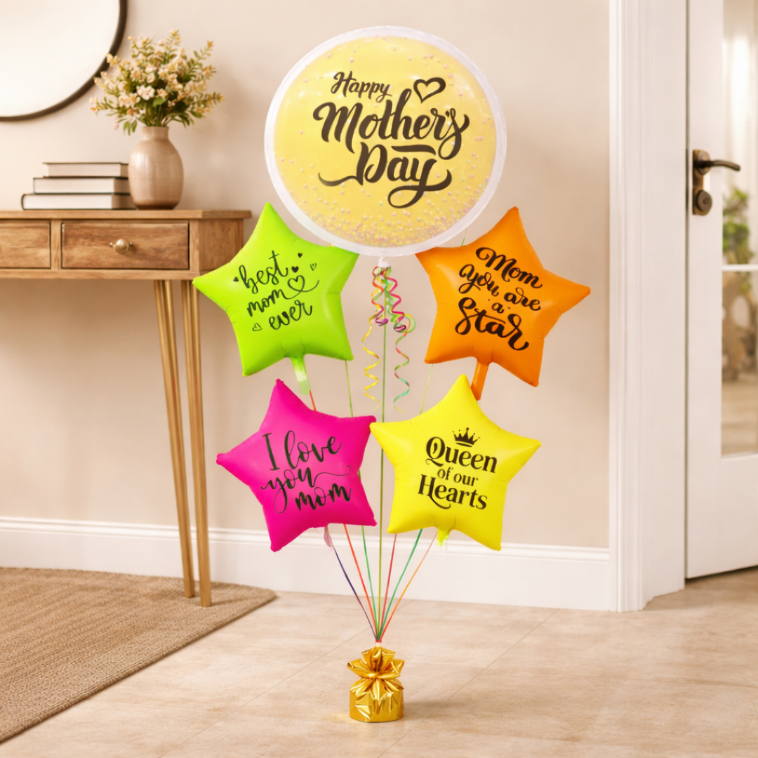 Happy Mother's Day Round Large Helium Fillled Ballon Bouquet Arrnagement with special messages printed on UV/Neon Star Ballloons