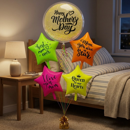 Happy Mother's Day Round Large Helium Fillled Ballon Bouquet Arrnagement with special messages printed on UV/Neon Star Ballloons