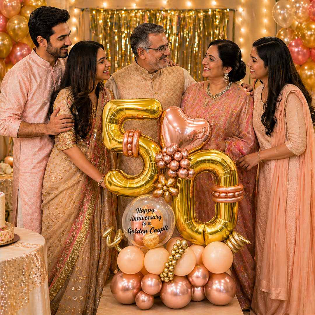 50th Anniversary Balloon Bouquet with Rose Gold Heart and Message for the Golden Couple | Air Filled and Delivers Inflated