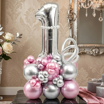 1st Birthday Customization Balloon Bouquet Silver & Pink | Air Filled and Delivers Inflated