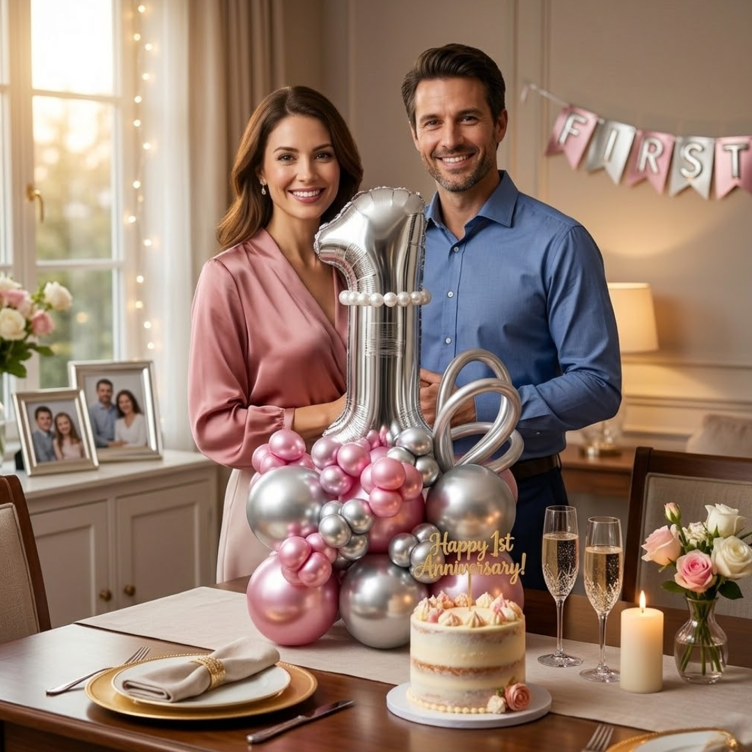 1st Birthday Customization Balloon Bouquet Silver & Pink | Air Filled and Delivers Inflated