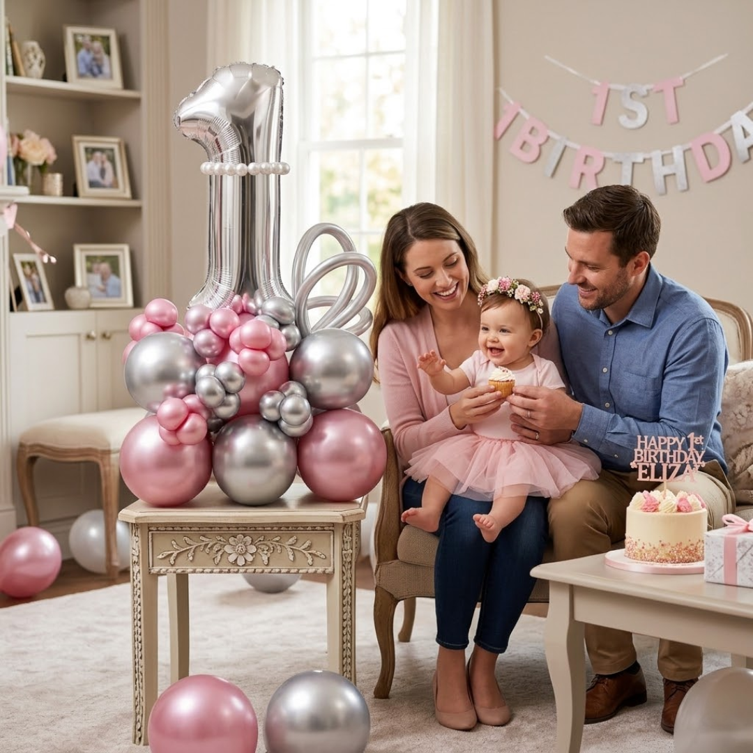 1st Birthday Customization Balloon Bouquet Silver & Pink | Air Filled and Delivers Inflated