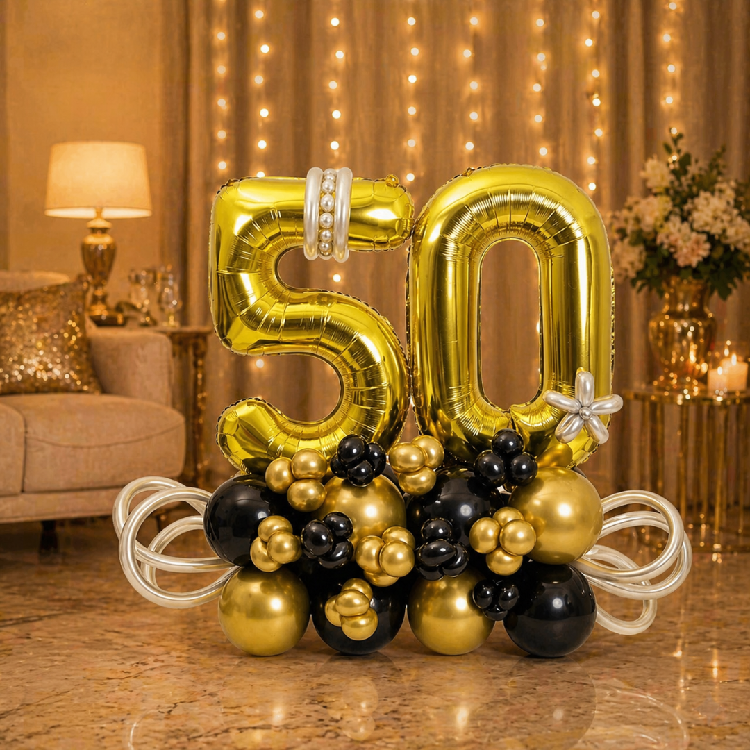 50th Birthday Golden & Black Customization Balloon Bouquet | Air Filled and Ready Delivery