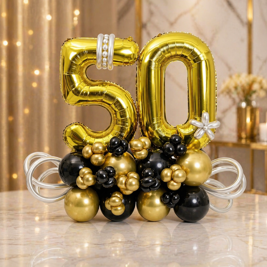 50th Birthday Golden & Black Customization Balloon Bouquet | Air Filled and Ready Delivery