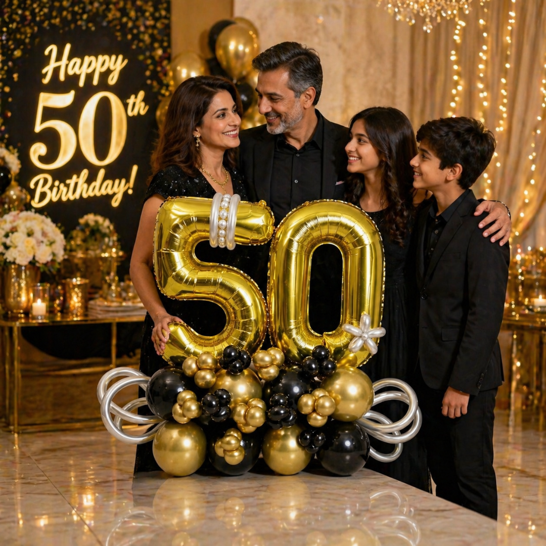 50th Birthday Golden & Black Customization Balloon Bouquet | Air Filled and Ready Delivery