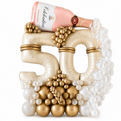 50th Birthday Apricot Color Foil Balloon Bouquet with PInk Champagne Bottle | Pre-inflated and Delivered