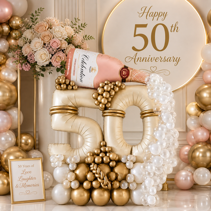 50th Birthday Apricot Color Foil Balloon Bouquet with PInk Champagne Bottle | Pre-inflated and Delivered