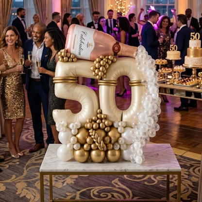 50th Birthday Apricot Color Foil Balloon Bouquet with PInk Champagne Bottle | Pre-inflated and Delivered