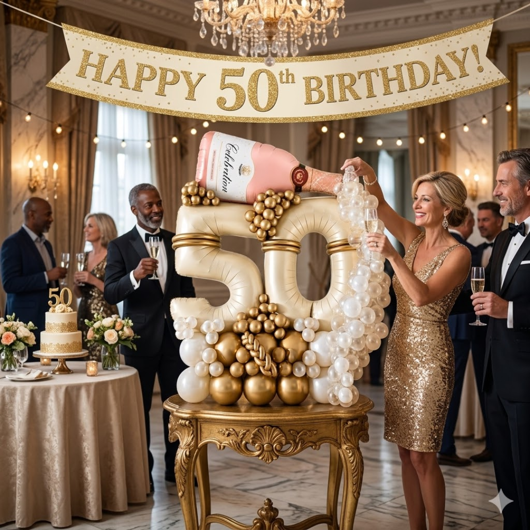 50th Birthday Apricot Color Foil Balloon Bouquet with PInk Champagne Bottle | Pre-inflated and Delivered