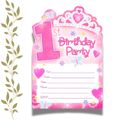 Happy 1st Birthday Princess Pink Invites  - 14PC