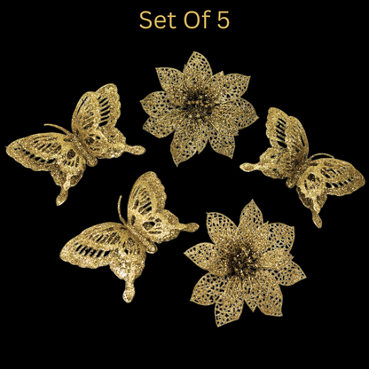 Butterfly & Flowers Hanging Golden - 5PC