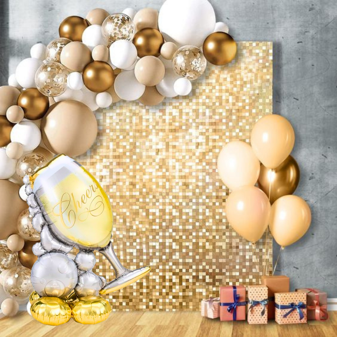 Bubbly Champagne Glass Foil Ballon w/ Silver, Black & Golden Balloon Set - Helium Quality - 55 inches - 1PC
