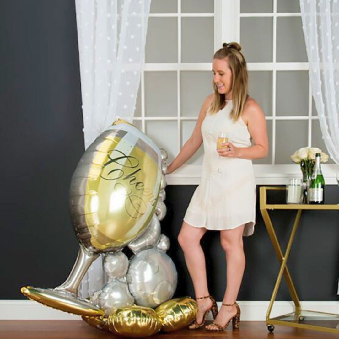 Bubbly Champagne Glass Foil Ballon w/ Silver, Black & Golden Balloon Set - Helium Quality - 55 inches - 1PC