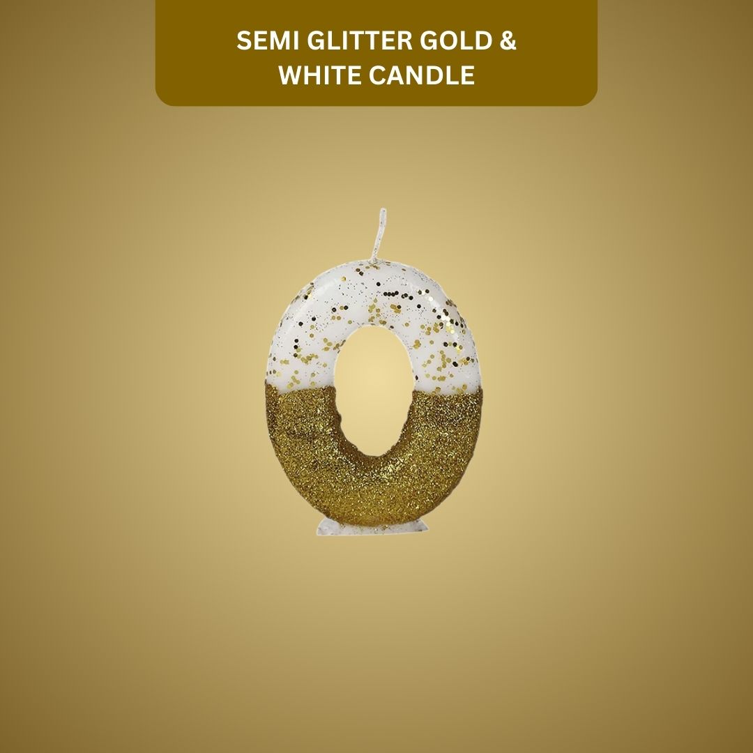 Number 0 Semi Glitter Gold & White Candle - 1PC