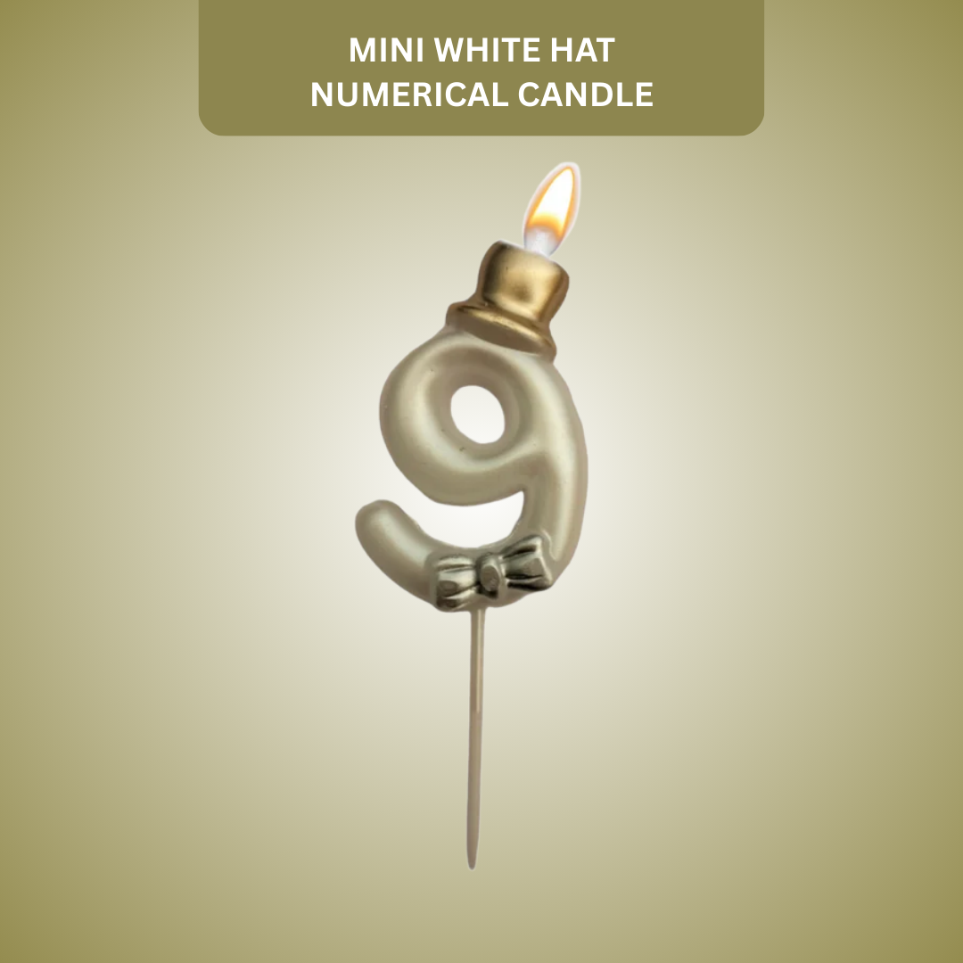 Metallic White Numerical Candle 9 with Golden Hat