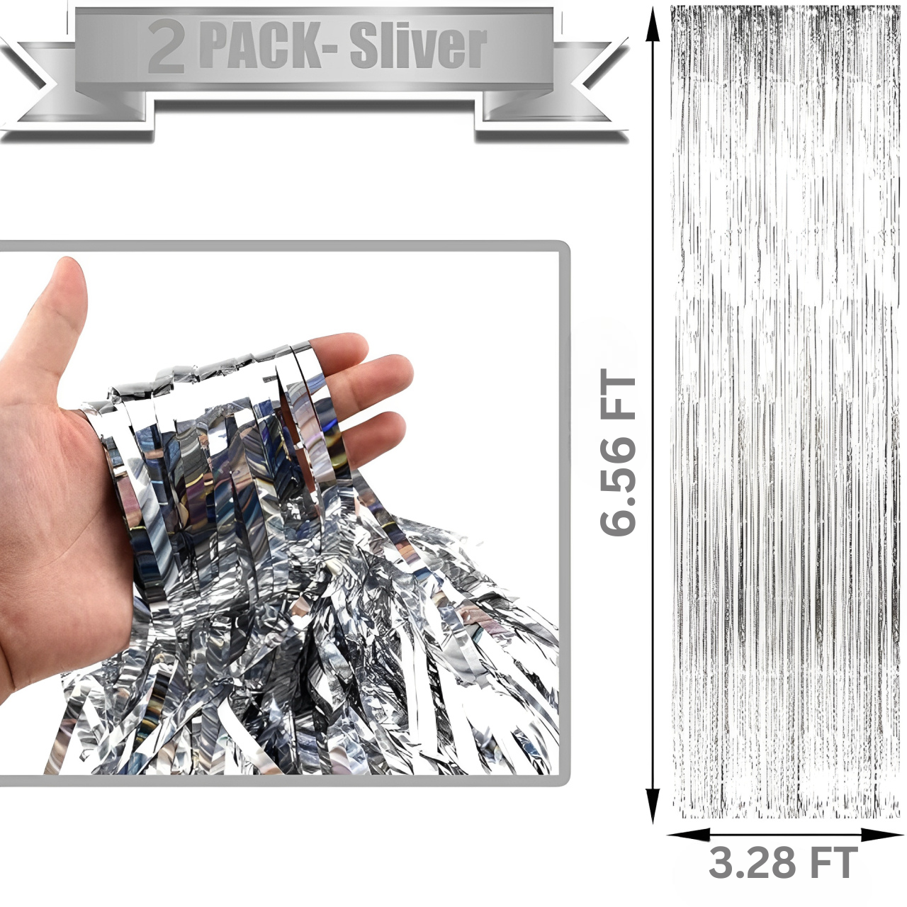 2Pcs Silver Metallic Tinsel Foil Fringe Curtains, 3.28ft x 6.56ft Silver Photo Booth Backdrop Streamer Curtain,Great for Bachelorette, Birthday,Christmas,New Year Party Decorations