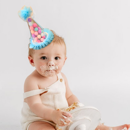 Blue Transparent Party Paper Hat w/ Multicolor Pom Pom - 1PC