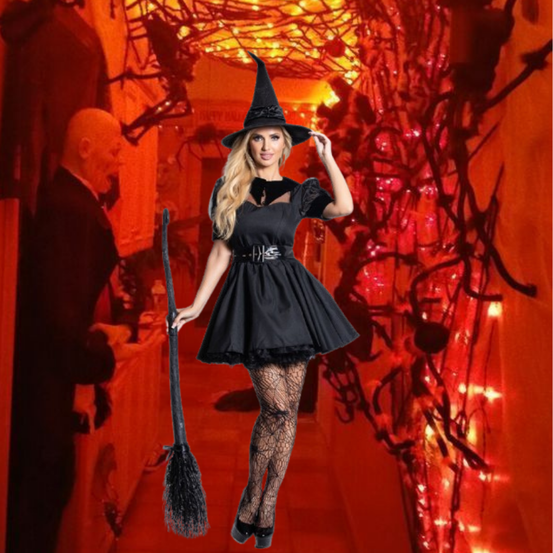 Sexy Witch Black Dress for Adults w/ Witch Hat, Belt & Gloves
