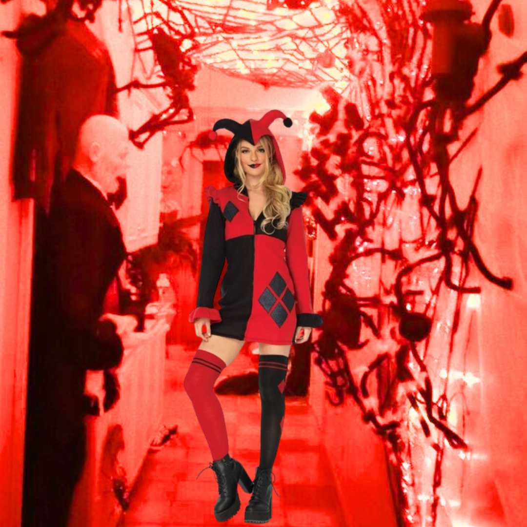 Super Villain Harley Quinn Comic Red & Black Women Costume with Hood