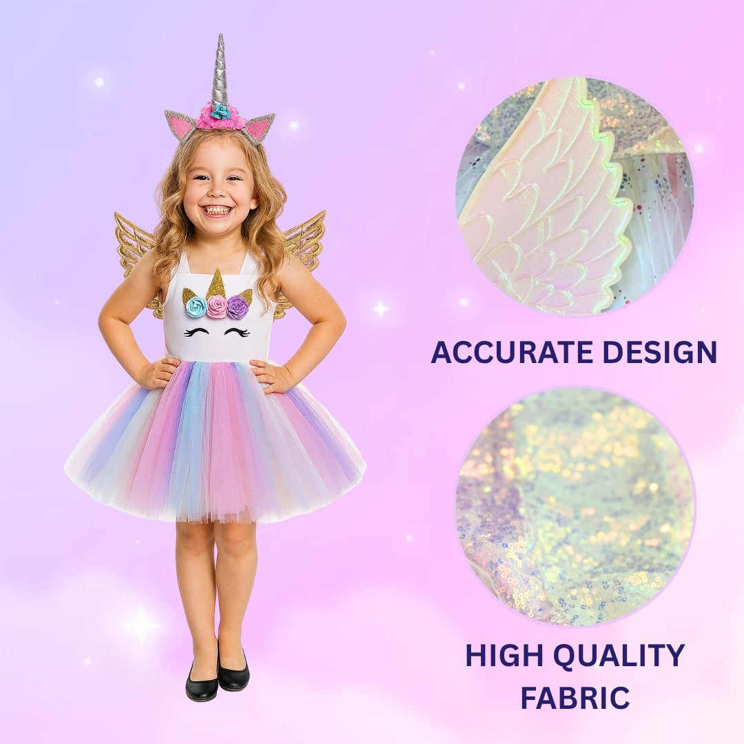 Unicorn Girls Costume w/Hair Band and Wings - Size S - Age 3 to 5